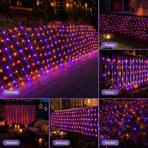 Vista 3 de Dazzle Bright 200 luces LED de red de Halloween, 9.8 pies x 6.6 pies, luces de malla conectables de alambre transparente con 8 modos de iluminación