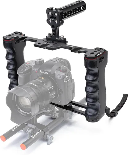 Vista 9 de Zeadio Kit de aparejo de video todo en uno, jaula de cámara de mano de aluminio con luz de video RGB, micrófono, mango superior, guía de varilla