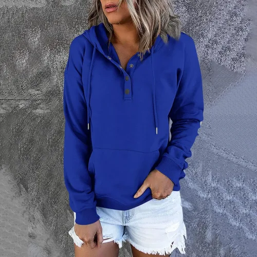 Vista 2 de Sudaderas con capucha para mujer, sudadera casual de manga larga con cordón, ligera, con botones, ajuste holgado