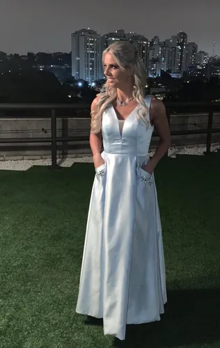 Vista 6 de Vestidos de fiesta de satén con cuello en V para mujer largos con bolsillos color rosa rubor vestidos de noche formales fruncidos