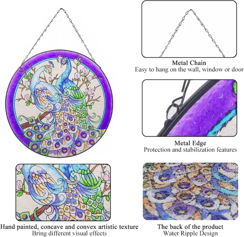 Vista 4 de Colgantes de ventana de cristal de pavo real de 11.8 pulgadas, decoración artística de pared de pavo real, panel atrapasoles con cadena (morado)