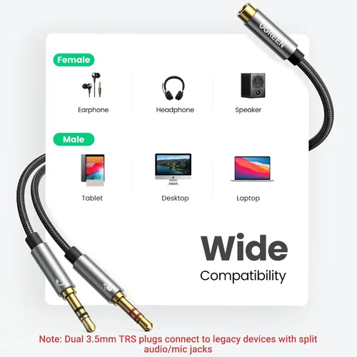 Vista 5 de UGREEN divisor de auriculares para computadora con hembra de 3.5 mm a 2 machos dobles de 3.5 mm, cable divisor de audio trenzado, conector