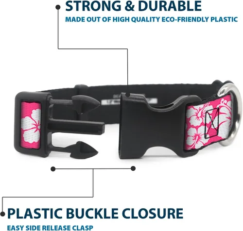 Vista 4 de Buckle-Down Collar de clip de plástico, hibisco rosa neón, blanco, 1 pulgada de ancho, se adapta a cuello de 9 a 15 pulgadas, pequeño Hibiscus
