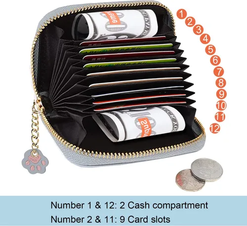 Vista 2 de Sunwel Fashion Lindo portatarjetas con diseño de gato pequeño - Estuche para tarjetas con cremallera de acordeón, bolsillos para efectivo, monedero