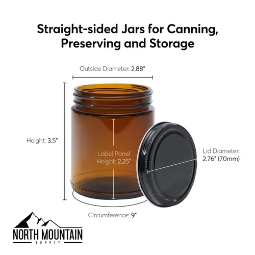 Vista 2 de North Mountain Supply - Tarros de vidrio ámbar de 9 onzas, con tapas de metal dorado de 70 mm, lados rectos - Caja de 12