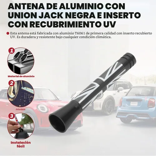 Vista 2 de x xotic tech Antena corta para automóvil con bandera de Union Jack compatible con Mini Cooper todos los modelos de 3 pulgadas (negro/gris)