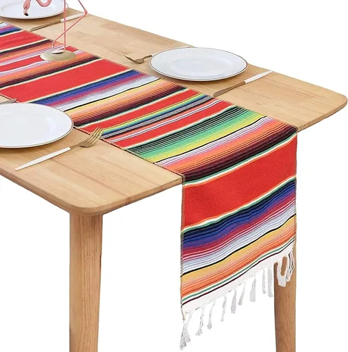 Vista 7 de BOXAN Camino de mesa de serape mexicano para decoración de boda, picnic al aire libre, mesa de comedor, manta de algodón con flecos, caminos de mesa