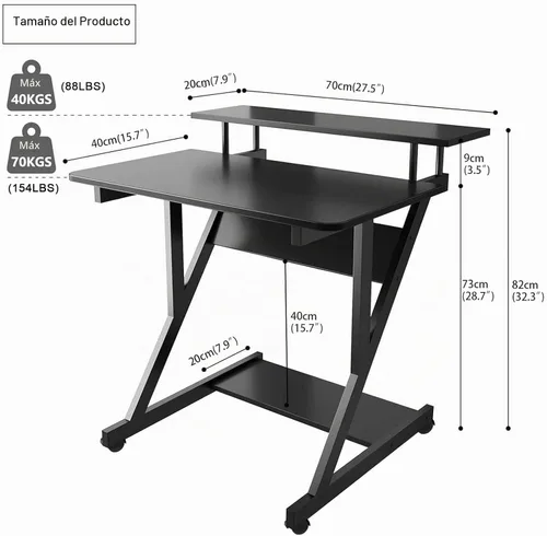 Vista 3 de Dripex Escritorio de computadora para espacios pequeños, escritorio pequeño de 27.5 pulgadas, escritorio compacto de 3 niveles con estante