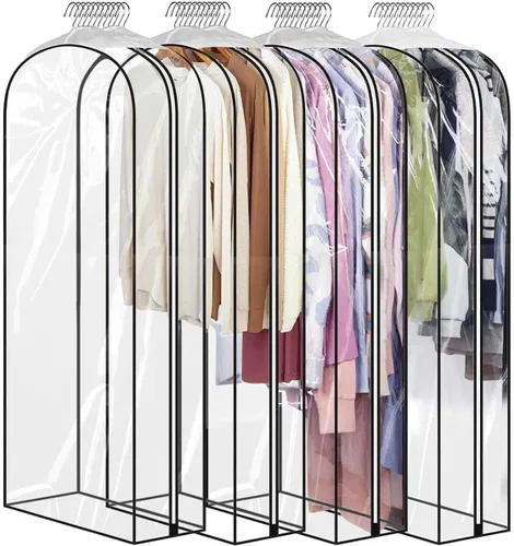 Vista 8 de Perchas transparentes de 40 pulgadas con cremallera lateral lisa, bolsas impermeables con refuerzo de 10 pulgadas para camisas, abrigos, vestidos