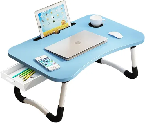 Vista 8 de Mesa portátil para laptop de oficina con cajón de almacenamiento, porta-taza y soporte para teléfono, mesa de bandeja para cama, escritorio plegable