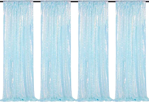Vista 58 de Cortinas de fondo de lentejuelas con purpurina azul bebé, 2 piezas de 2 x 8 pies, telón de fondo de fiesta de baby shower para niños, hermosas