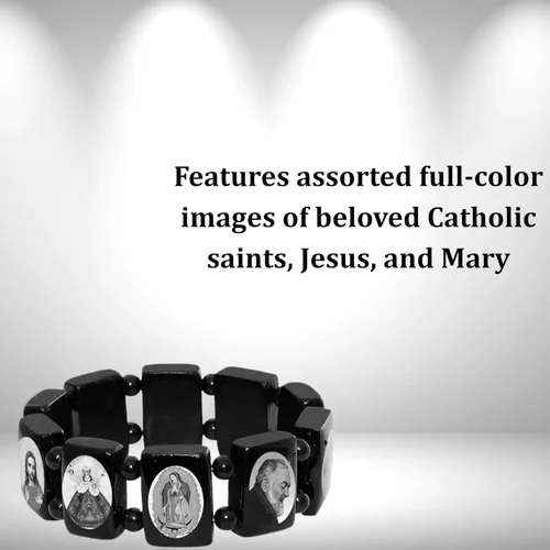 Vista 4 de Catholica Shop Pulseras elásticas de madera religiosas católicas devocionales. Paneles pequeños y grandes con imágenes surtidas de santos, Jesús