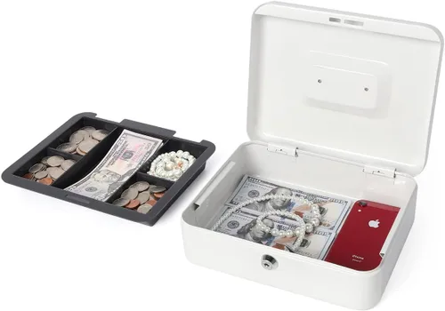 Vista 3 de Caja de dinero con bandeja de dinero y cerradura, caja de dinero de metal para efectivo, caja de seguridad 9.84 x 7.87 x 3.54 pulgadas, color blanco