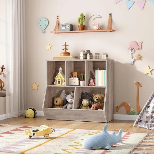 Vista 2 de HOOBRO Estantería para niños, estantería con cabecera, cubo de almacenamiento de juguetes, estantería para juguetes de niños, gabinete