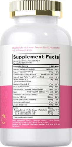 Vista 2 de Carlyle Multivitamínico para mujeres con hierro 200 cápsulas blandas Vitaminas esenciales, minerales y omegas Suplemento de apoyo nutricional