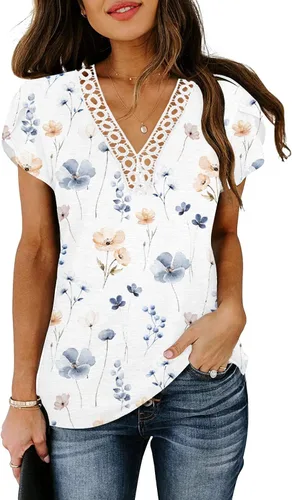Vista 2 de Camisetas de manga corta con pétalos para mujer, cuello en V, con encaje, ajuste holgado
