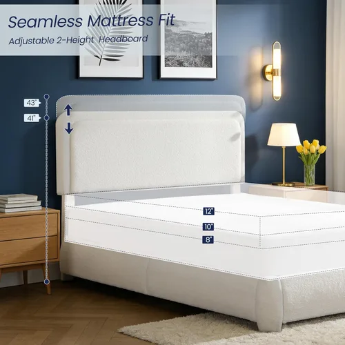 Vista 9 de Flolinda Base de cama tapizada tamaño King con cabecera ajustable, plataforma moderna con listones de madera de tela Boucle, perfil bajo,