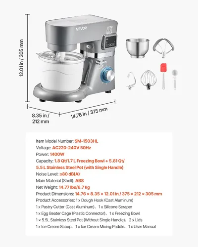 Vista 7 de VEVOR Máquina para hacer helados, capacidad de 1.8 cuartos de galón, batidora eléctrica de pie de 6 velocidades, con pantalla digital LED