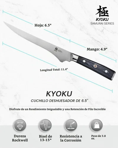 Vista 5 de KYOKU Cuchillo deshuesador de 6,5 pulgadas de la serie Samurai, cuchillo de filetear con mango de madera de Pakka, acero de alto carbono