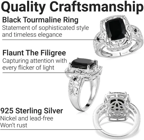 Vista 5 de Black Tourmaline Rings - Birthstone Rings for Women - Engagement Promise Ring for Her Statement Vintage Stainless Steel Tourmaline Jewelry Birthday