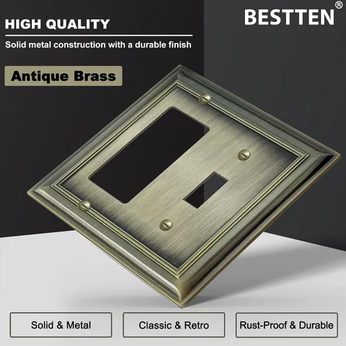 Vista 2 de BESTTEN Placa de pared combinada de 1 palanca/1 decorador, tamaño mediano, 2 bandas, resistente a la corrosión, latón antiguo, cubierta de salida