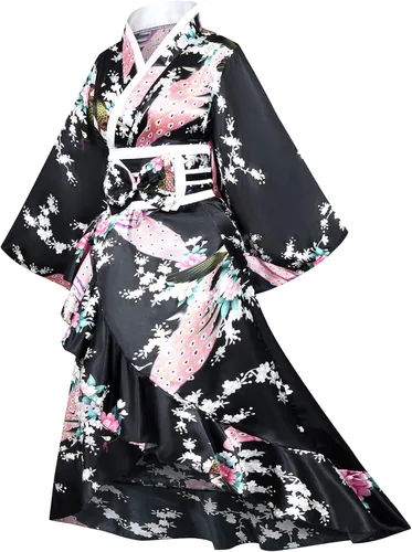 Vista 3 de Elibelle Kimono para mujer Geisha Yukata Sweet Tuxedo Ruffle Dress Blossom Satin Bathrobe Sleep Fan Tabi Socks Set