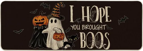 Vista 10 de Artoid Mode Tapete de Halloween con diseño de calabazas fantasmas, diseño de gato con texto en inglés "I Hope You Brought Boos", decoración