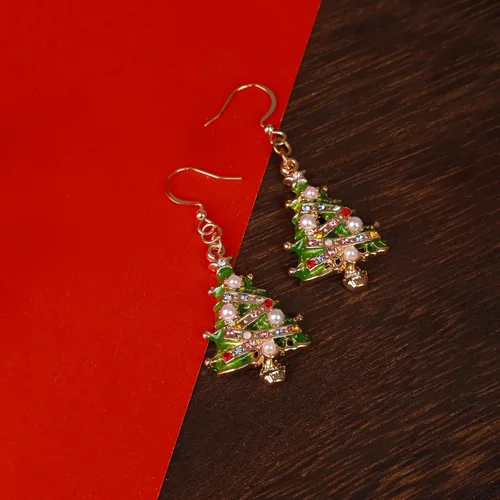 Vista 2 de Elegantes aretes de Navidad esmaltados, aretes de gancho de árbol de Navidad verdes para mujer, aretes colgantes brillantes y coloridos