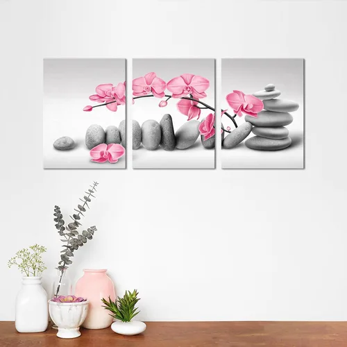 Vista 7 de SkenoArt 3 piezas de pintura de flores de orquídea, arte de pared, piedras zen, rosa, floral, impresiones de imágenes de meditación pacífica, obras