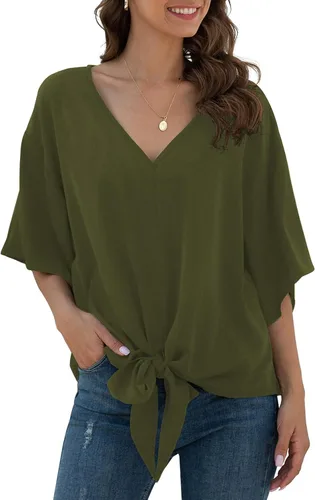 Vista 12 de VIISHOW Womens Tie Front Chiffon Blouses V Neck Batwing Short Sleeve Summer Tops Shirts Albaricoque