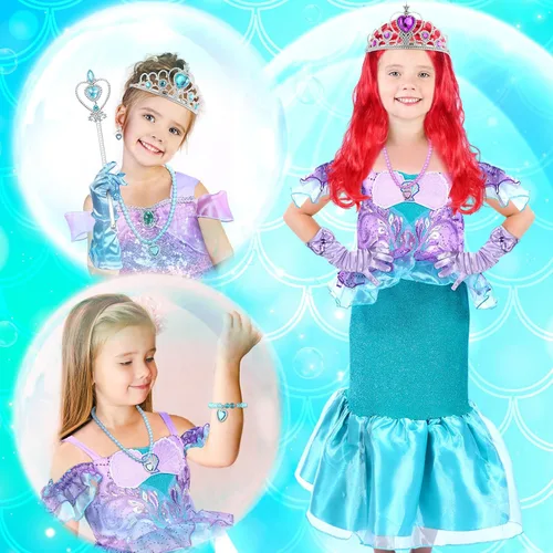 Vista 6 de Disfraz de sirena de princesa de 2 piezas, vestido de fiesta de carnaval, Halloween, cumpleaños, vestido con accesorios