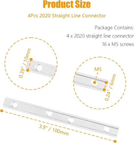 Vista 4 de 4 conectores de línea recta 2020, conectores de extrusión de aluminio con ranura en T con tornillos M5, soportes de línea de unión de 3.9 pulgadas