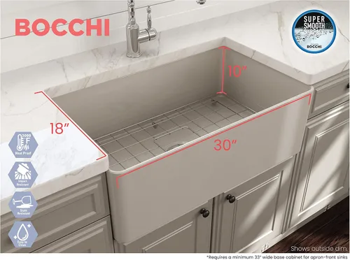 Vista 2 de BOCCHI Aderci - Fregadero de cocina ultradelgado con delantal delantero de granja de 30 pulgadas, fregadero de cocina de un solo tazón con rejilla