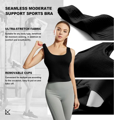 Vista 4 de Camiseta sin mangas para mujer, brasier integrado, cuello redondo, para entrenamiento, acanalado, deportivo, acolchado, sin costuras, ombligueras
