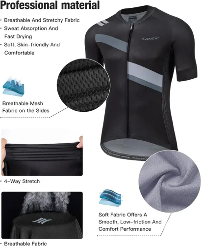 Vista 2 de Santic Camiseta de ciclismo para hombre, manga corta, camiseta de ciclismo de carretera, con cremallera completa, UPF 50+, MTB con bolsillos