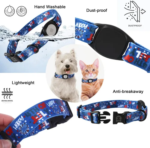 Vista 4 de Collar de perro para el 4 de julio, soporte para Airtag de Apple, collares de perro rojos, blancos y azules para perros pequeños, medianos y grandes
