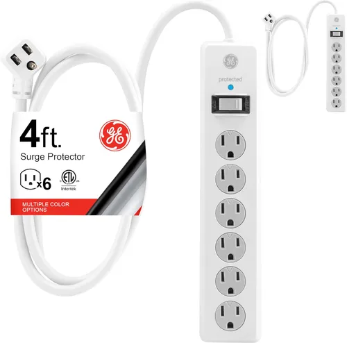 Vista 17 de GE Protector contra Sobretensiones con Regleta de Enchufes, Cable de Extensión de 4 Pies, Extensor de 6 Tomas, 800 Julios, Enchufe Plano, Cubiertas