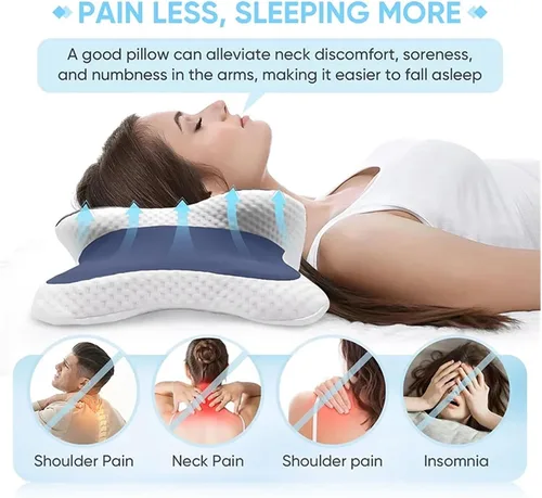 Vista 5 de Almohada de espuma viscoelástica – Almohada cervical para aliviar el dolor de cuello, contorno ortopédico ergonómico para el cuello para dormir Azul