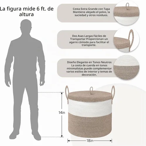 Vista 2 de Cesta de almacenamiento grande de 18" X 18" X 14" con tapa, cesta para mantas de sala de estar, caja de almacenamiento de cuerda de algodón tejida