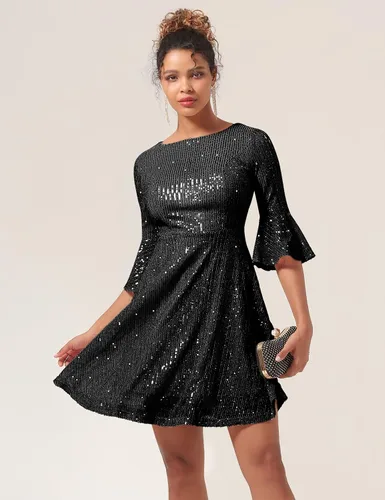 Vista 2 de HomRain Vestido de lentejuelas para mujer, con mangas acampanadas, vestidos formales brillantes para invitados de boda, hasta la rodilla, vestido