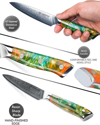 Vista 2 de Cuchillo utilitario de cocina de 5 pulgadas, cuchillos de cocina de la serie Xuan, acero de damasco VG10 con mango de resina (naranja fantasía)