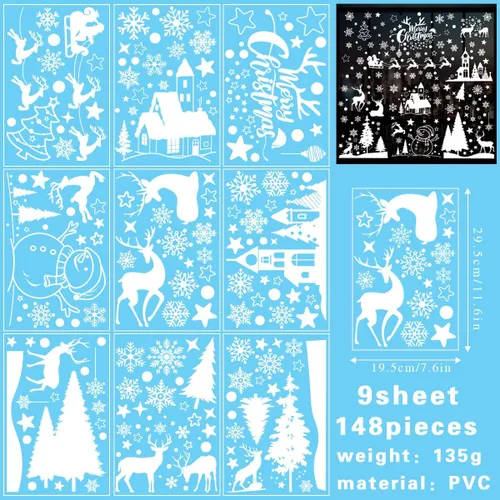 Vista 3 de 148 piezas de decoraciones navideñas para ventanas, Papá Noel, árbol de Navidad, copos de nieve, muñeco de nieve, castillo, ciervo, calcomanías