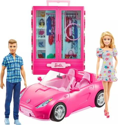 Vista 4 de Muñeca Barbie y Ken con su armario y coche convertible de dos plazas rosa. Incluye accesorios.