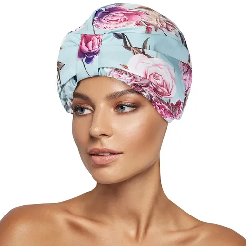 Vista 12 de Gorro de ducha de lujo para mujeres, reutilizable, impermeable, gorro de ducha de doble capa con correa elástica ajustable, gorro de baño grande
