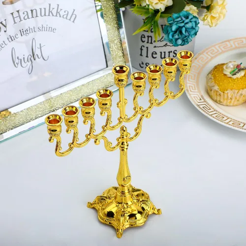 Vista 7 de YU FENG 7" 9 Branch Hanukkah Menorah, Gold Plated Candle Holder Menorá judía para Janucá, portavelas de Shabat, decoración tradicional navideña Oro
