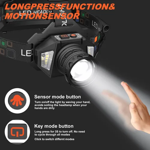 Vista 2 de Linterna frontal LED recargable, 3000 lúmenes, potencia de batería, 9 modos, batería de larga duración de 72 horas, sensor de movimiento, luz roja