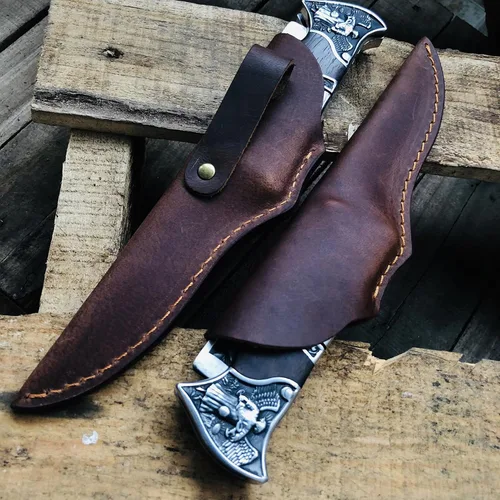 Vista 4 de MADSABRE Cuchillo de cabaña semi plegable grande de 12.7 pulgadas con hoja de 7.9 pulgadas de largo, mango de madera con patrón de relieve 3D