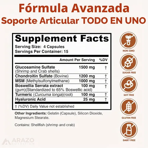 Vista 2 de Arazo Nutrition Glucosamina Condroitina Cúrcuma MSM Boswellia - Suplemento para el alivio de las articulaciones 60 cápsulas para huesos, espalda