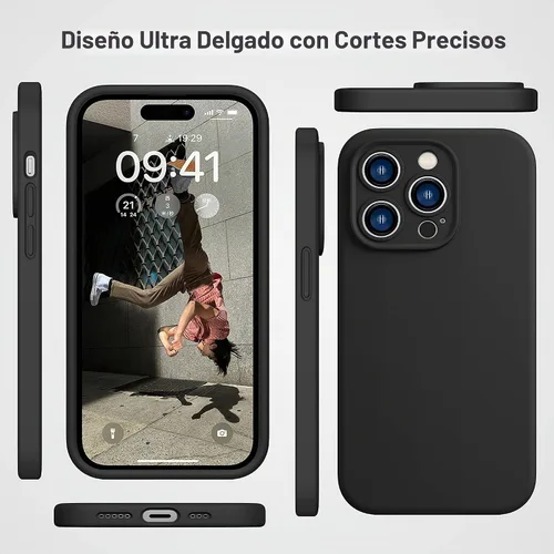 Vista 6 de CellEver Funda de silicona resistente para iPhone 14 Pro [protección de cámara] [revestimiento antiaceite] protección militar contra caídas Negro