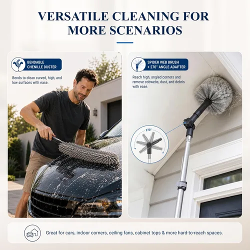 Vista 7 de IDEATECH Kit de plumero de telaraña con poste de extensión, plumero de ventilador de techo alto de 110 pulgadas, cepillo de tela de araña con poste